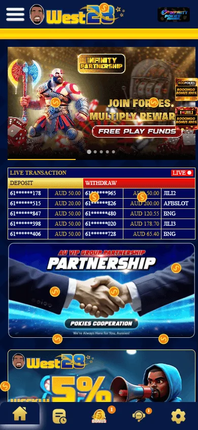 West28 Casino home experience on a mobile browser