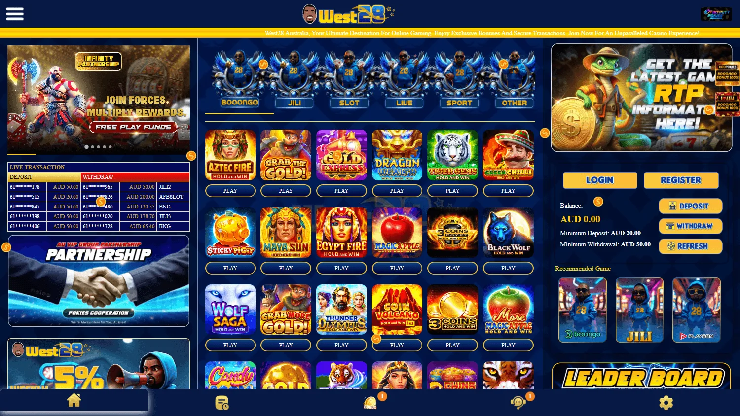West28 Casino home experience on desktop