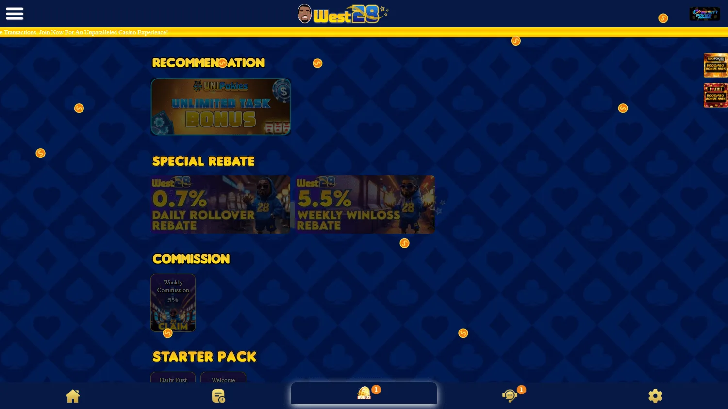 West28 Casino promotions on desktop